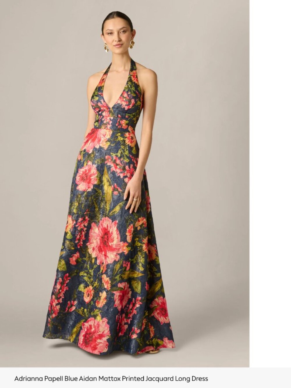 Floral Jacquard Plunging Halter Gown